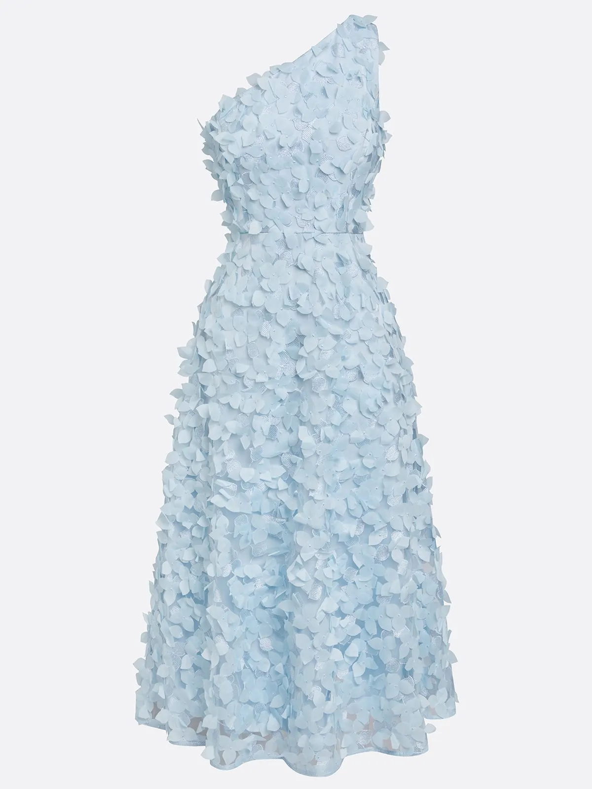 Light Blue 3D Floral Classic One-Shoulder Sleeveless A-Line Midi Dress