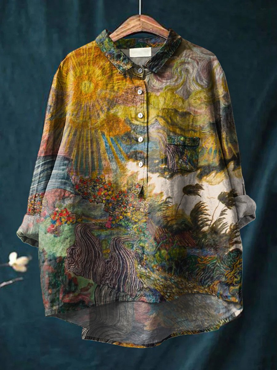 The Sunrise Oil Painting Art Printed Women's Casual Cotton & Linen Shirt