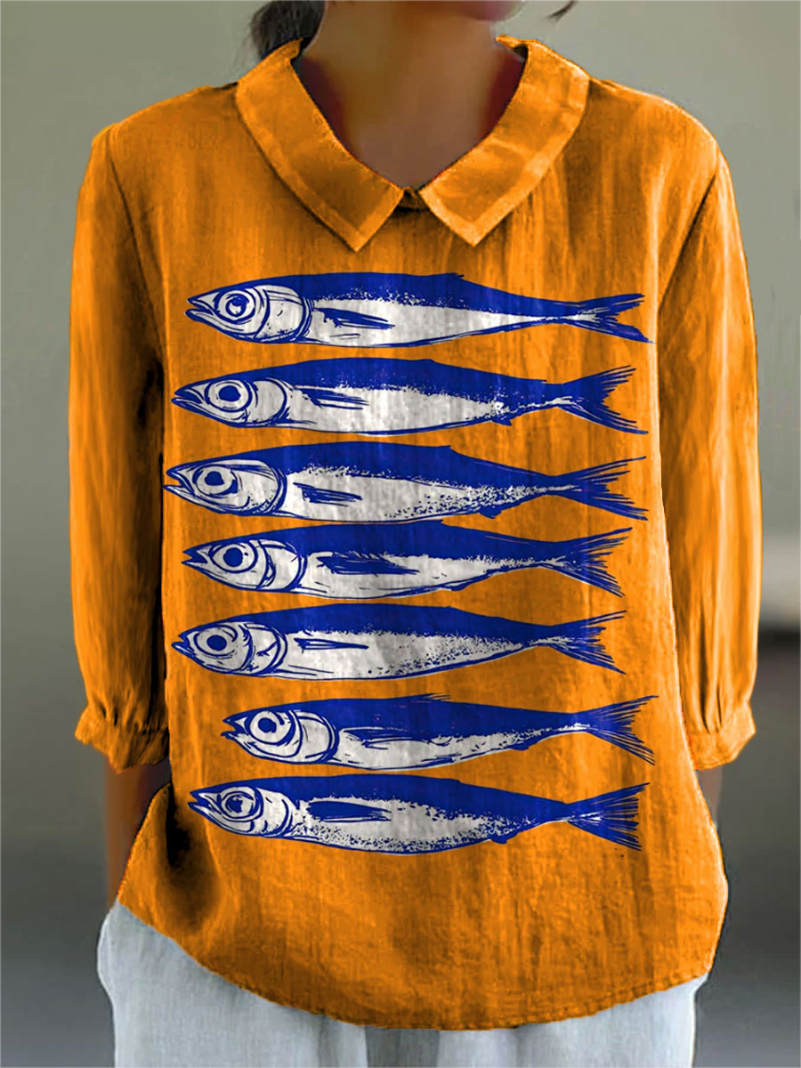 Vintage Fish Art Print Casual Cotton & Linen 3/4 Sleeve Shirt