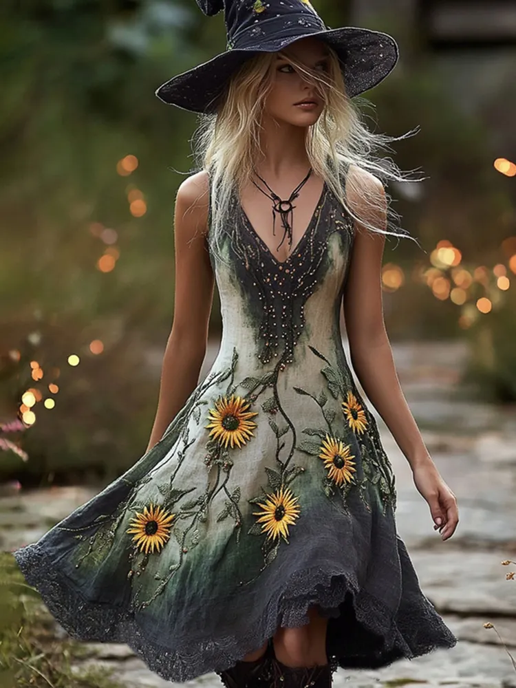 Women's Boho Witch Gradient Horror Daisy Witch Vest Midi Evening Dress