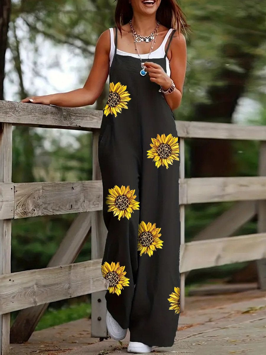 Printed Pocket Cotton & Linen Casual Suspender Jumpsuit