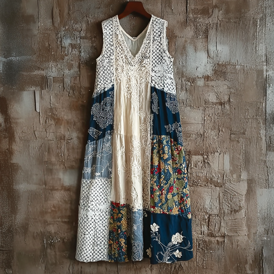 Japanese Art Retro Style Geometric Patchwork Design Lace Patch Women's Cotton & Linen Dress