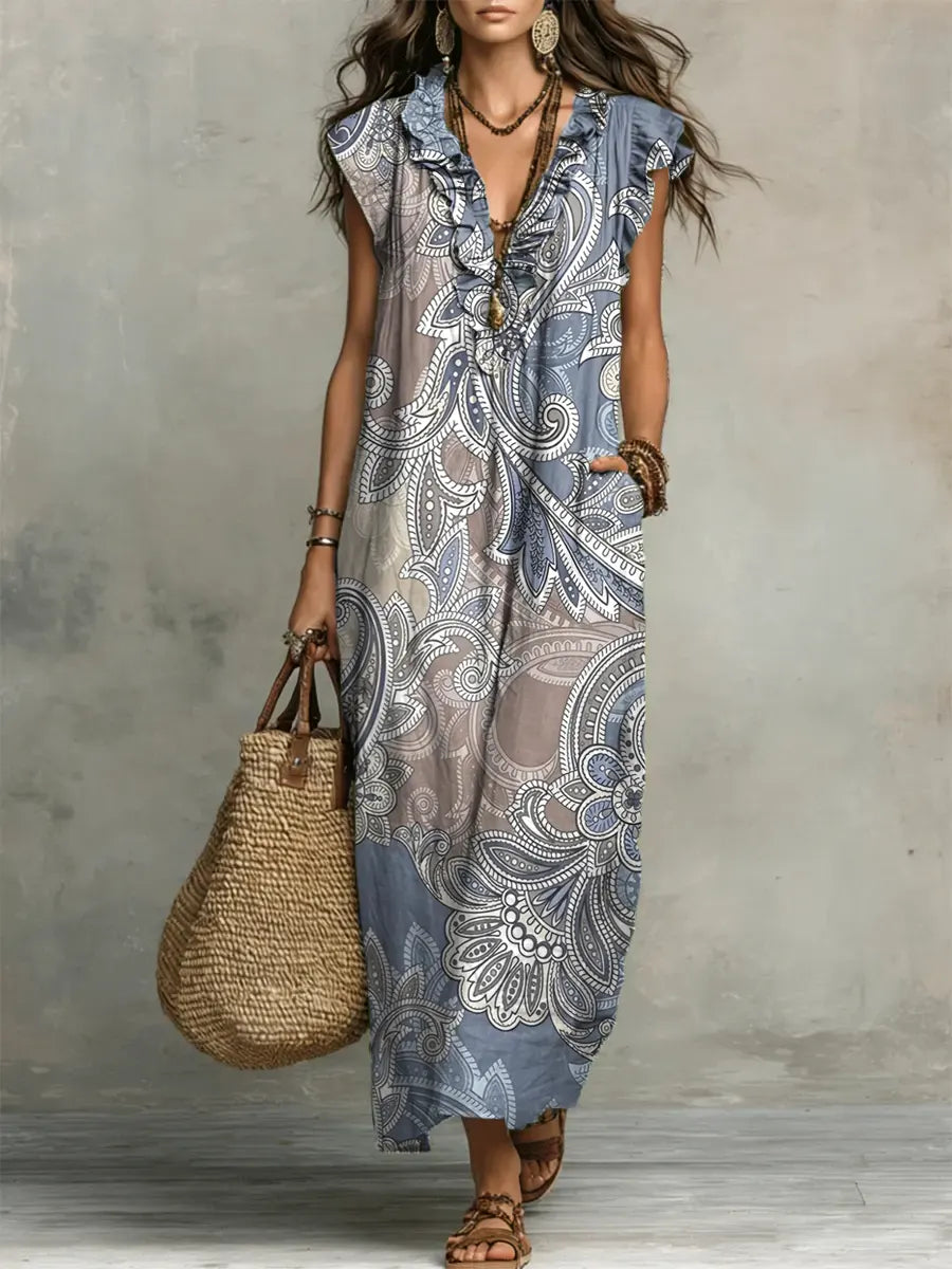 Floral Print V-Neck Ruffle-Trim Maxi Dress
