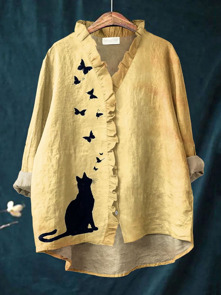 Vintage Cat Art Print Casual Cotton & Linen Ruffle Shirt