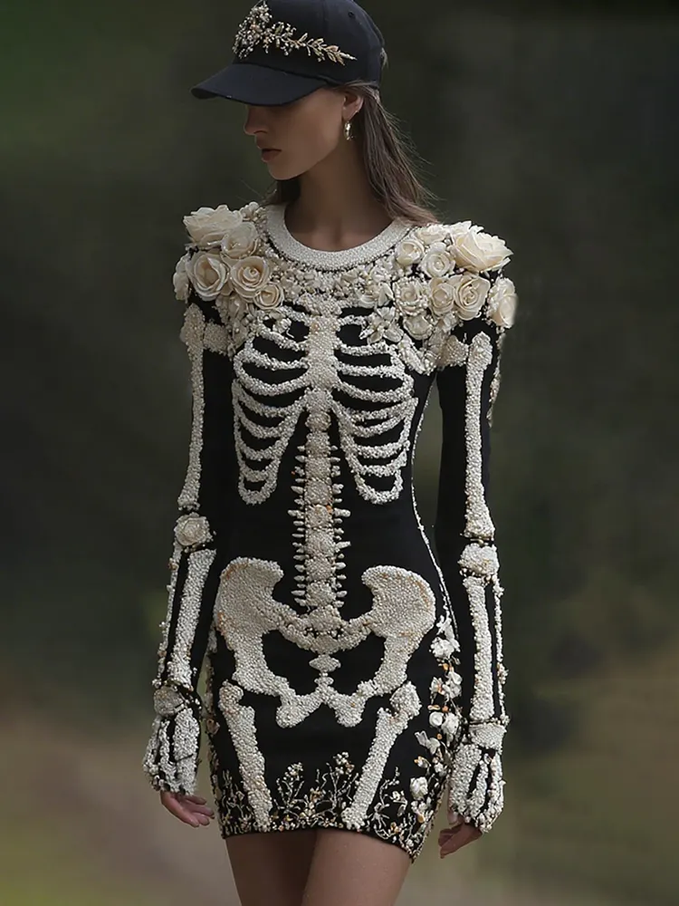 Women's Halloween Skeleton Bones With Rose Art Cozy Knit Mini Sweater Dress