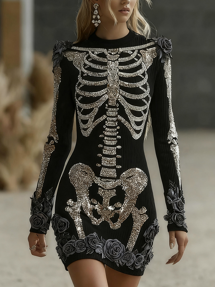 Women's Halloween Skeleton Bones With Glitter And Rose  Art Cozy Knit Mini Sweater Dress
