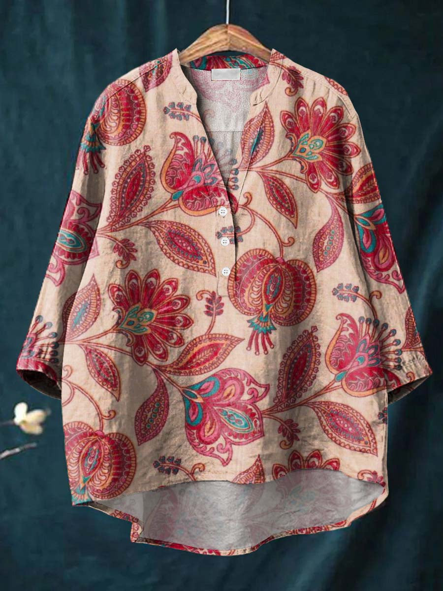 Vintage Floral Art Print Casual Cotton & Linen Shirt