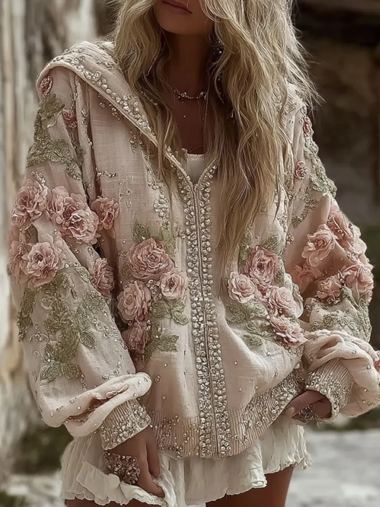 Women's Vintage Rose Embroidery Art Casual Zip-up Hoodie