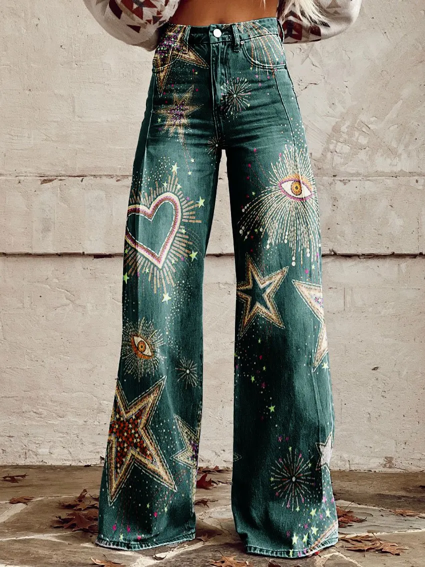 Vintage Print Casual Wide-Leg Pants