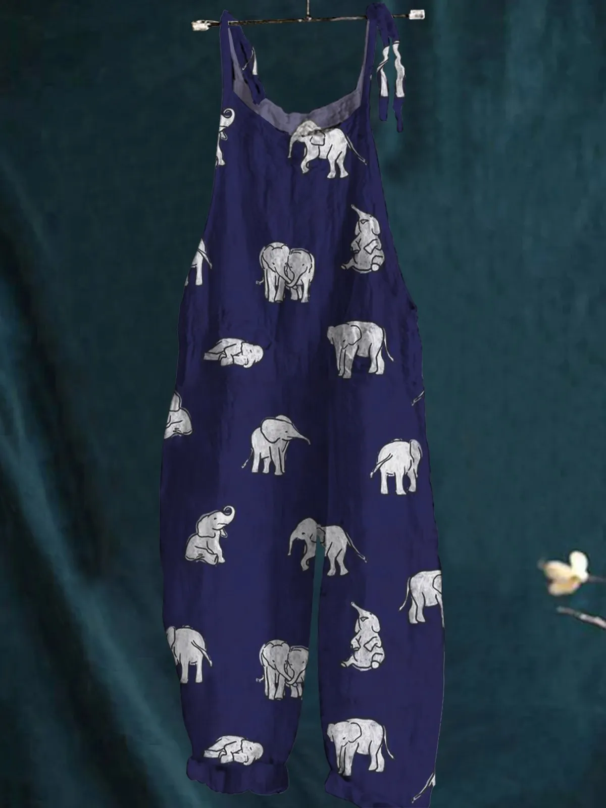 Navy Blue Baby Elephant Print Casual Wide-Leg Jumpsuit