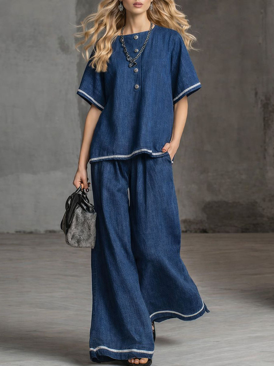 Round Neck Short-sleeved Casual Loose Denim Top & High-waisted Wide-leg Denim Pants Set