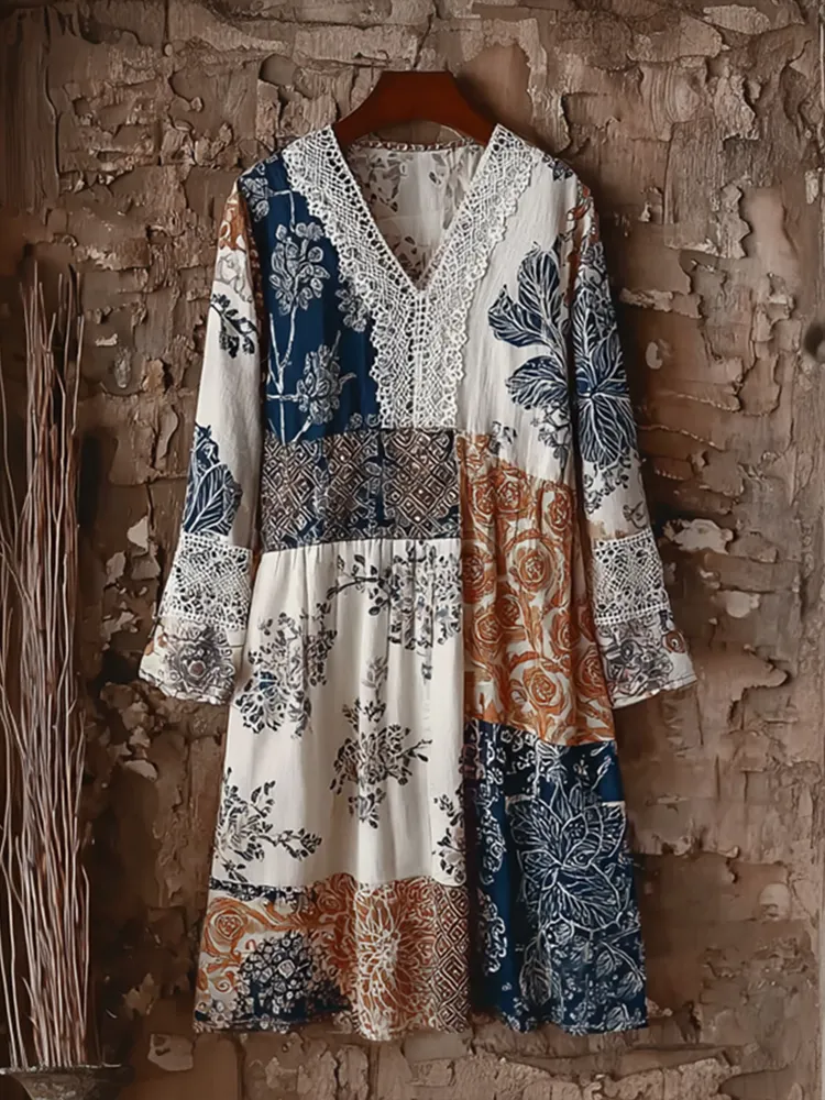 Japanese Art Retro Style Geometric Patchwork Design Lace Patch Women's Cotton & Linen Dress