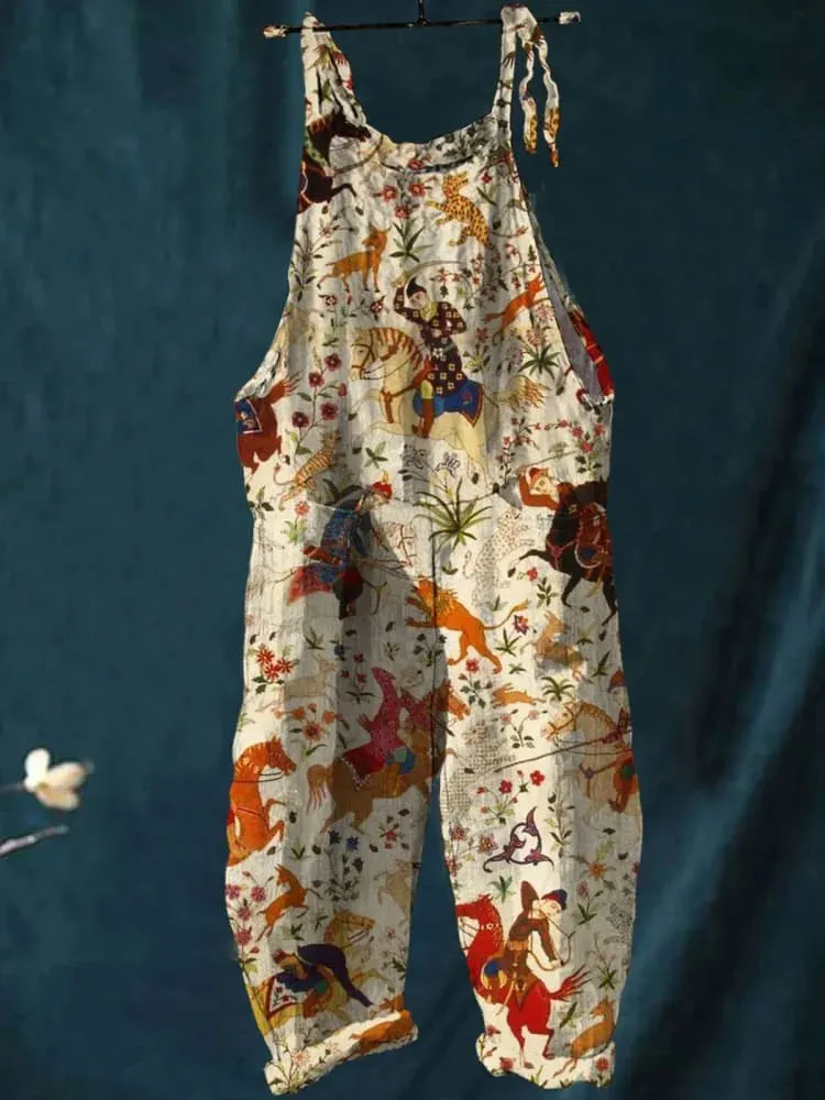 Vintage Horse Riding Pattern Art Print Casual Wide-Leg Jumpsuit