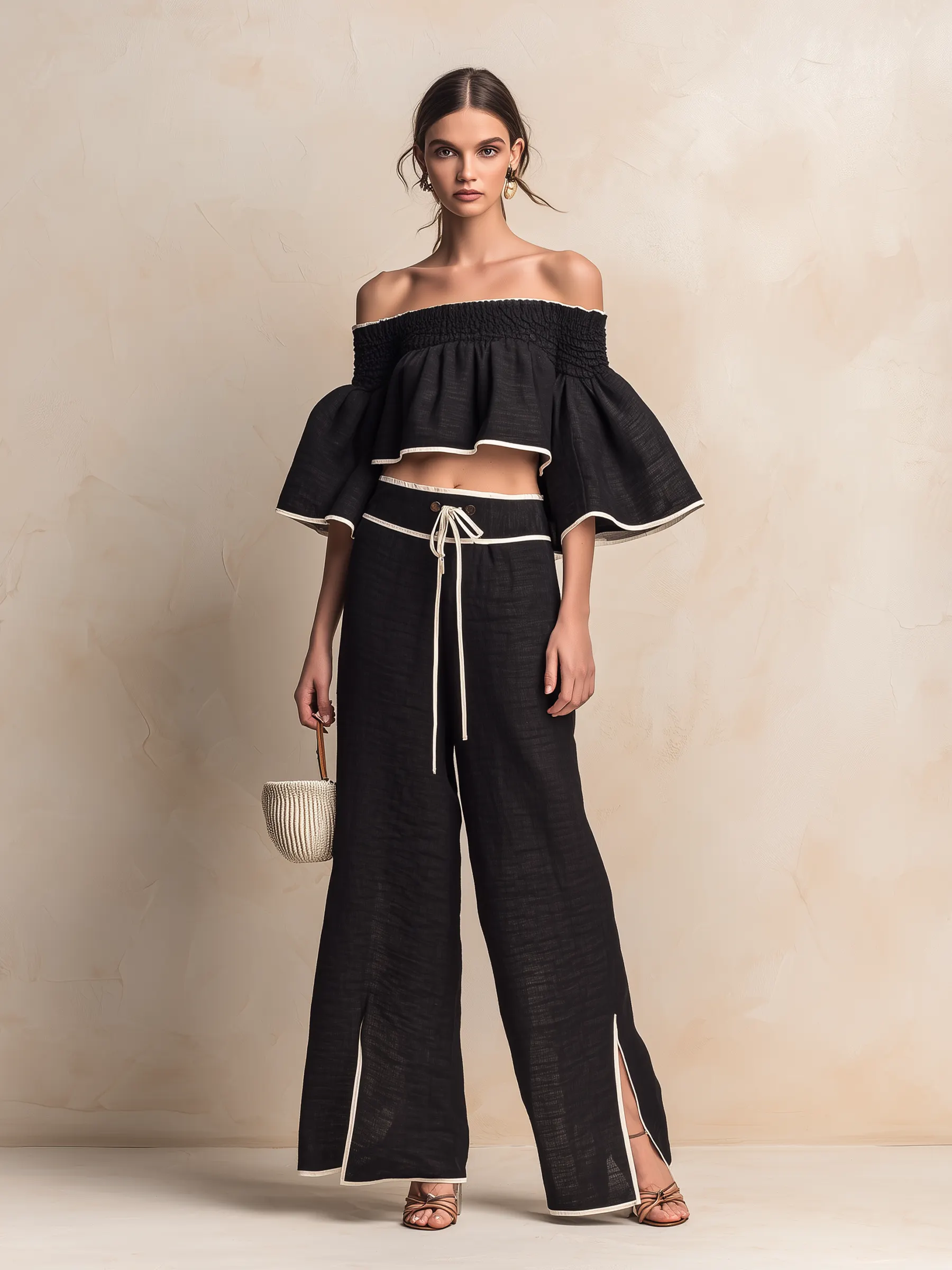 Black -Blend Off-Shoulder Two-Piece Set With Contrast Trim