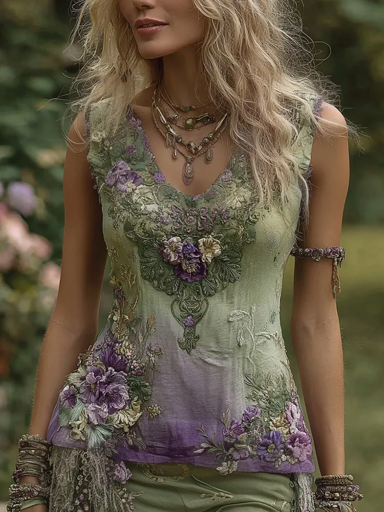 Vintage Floral Embroidered V-neck Blend Tank Top