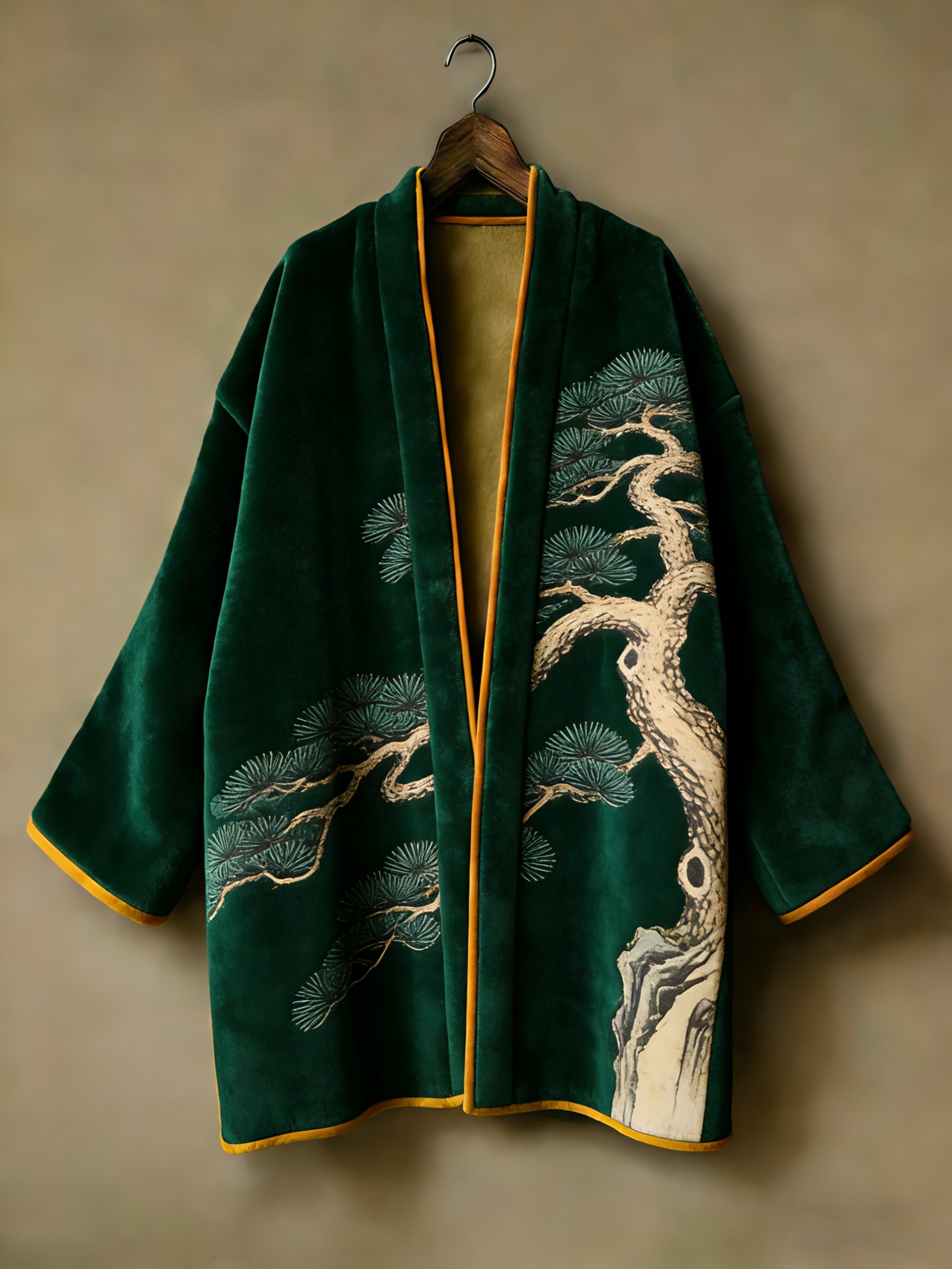 Oriental aesthetic printed flannel embroidered medium and long kimono cardigan