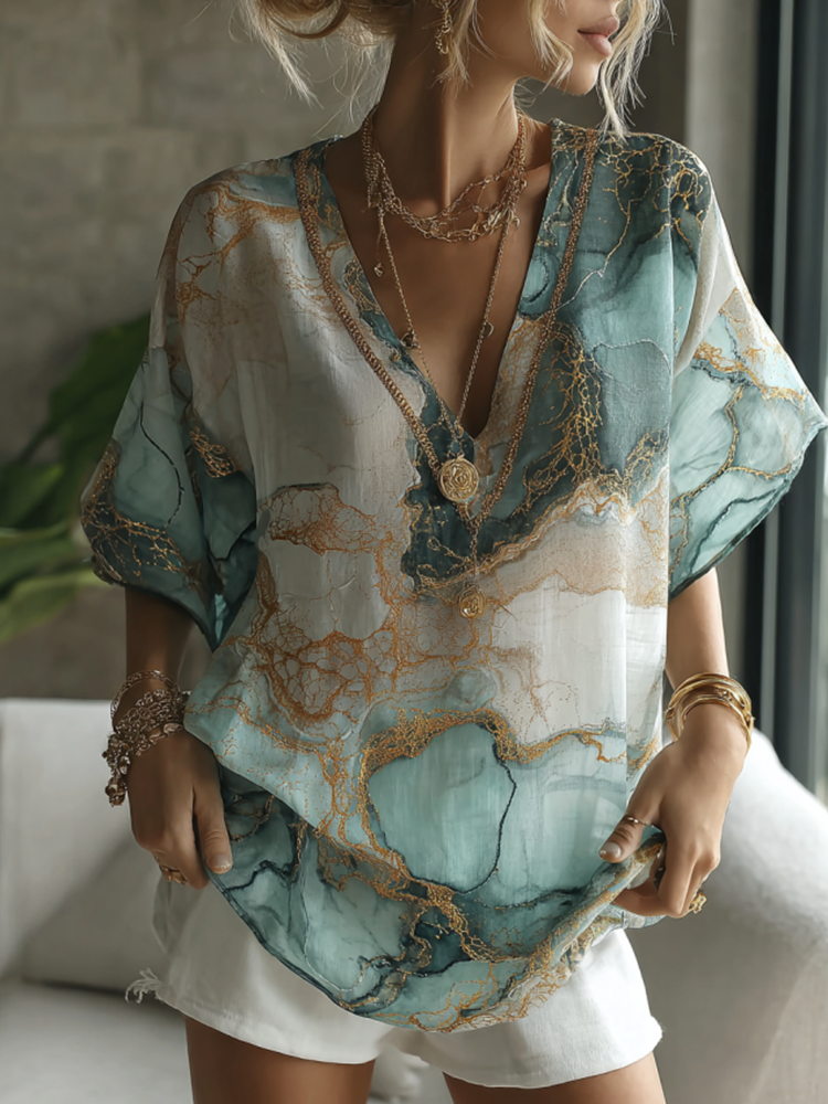 Vintage Marble Texture Collection Bohemia Women Style Gradient Black Gilded Pattern V Neck T-shirt