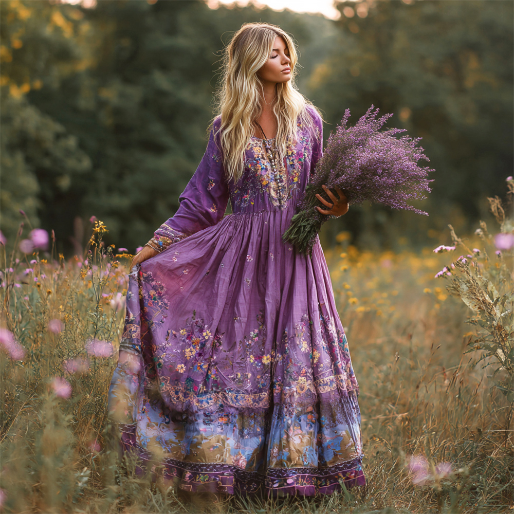 Vintage Ethnic Floral Boho Art Women's Linen Flowy Maxi Dress
