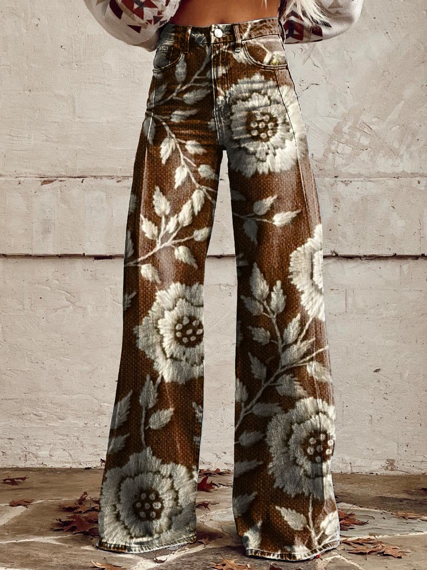 Vintage Floral Print Wide-Leg Pants