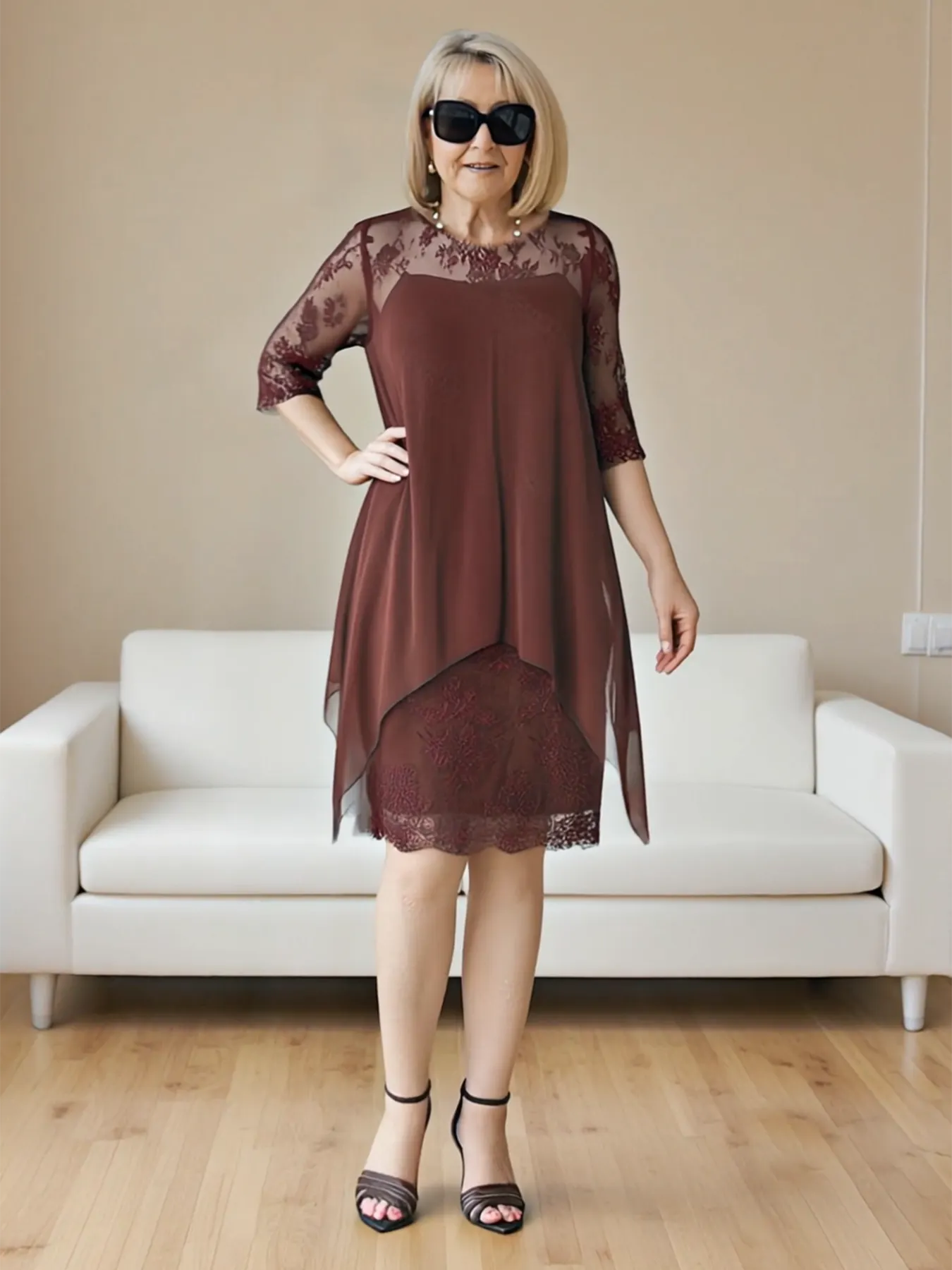 Brown Lace-Trim Layered Midi Dress