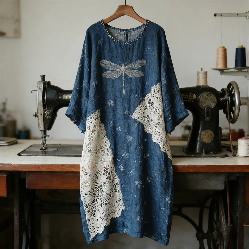 Boho Dragonfly Lace Patchwork Floral Linen Women's Long Sleeve Midi Dress