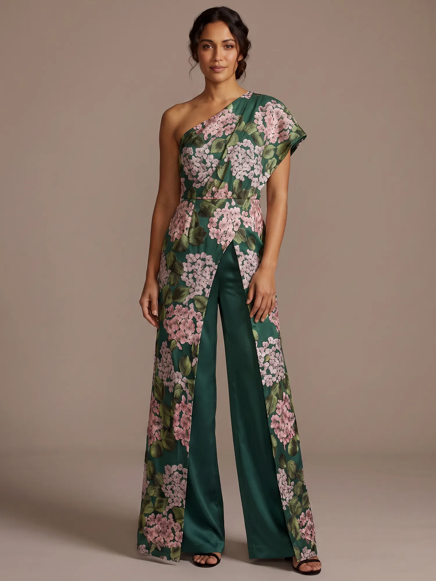 Emerald Green One-Shoulder Floral Satin Jumpsuit