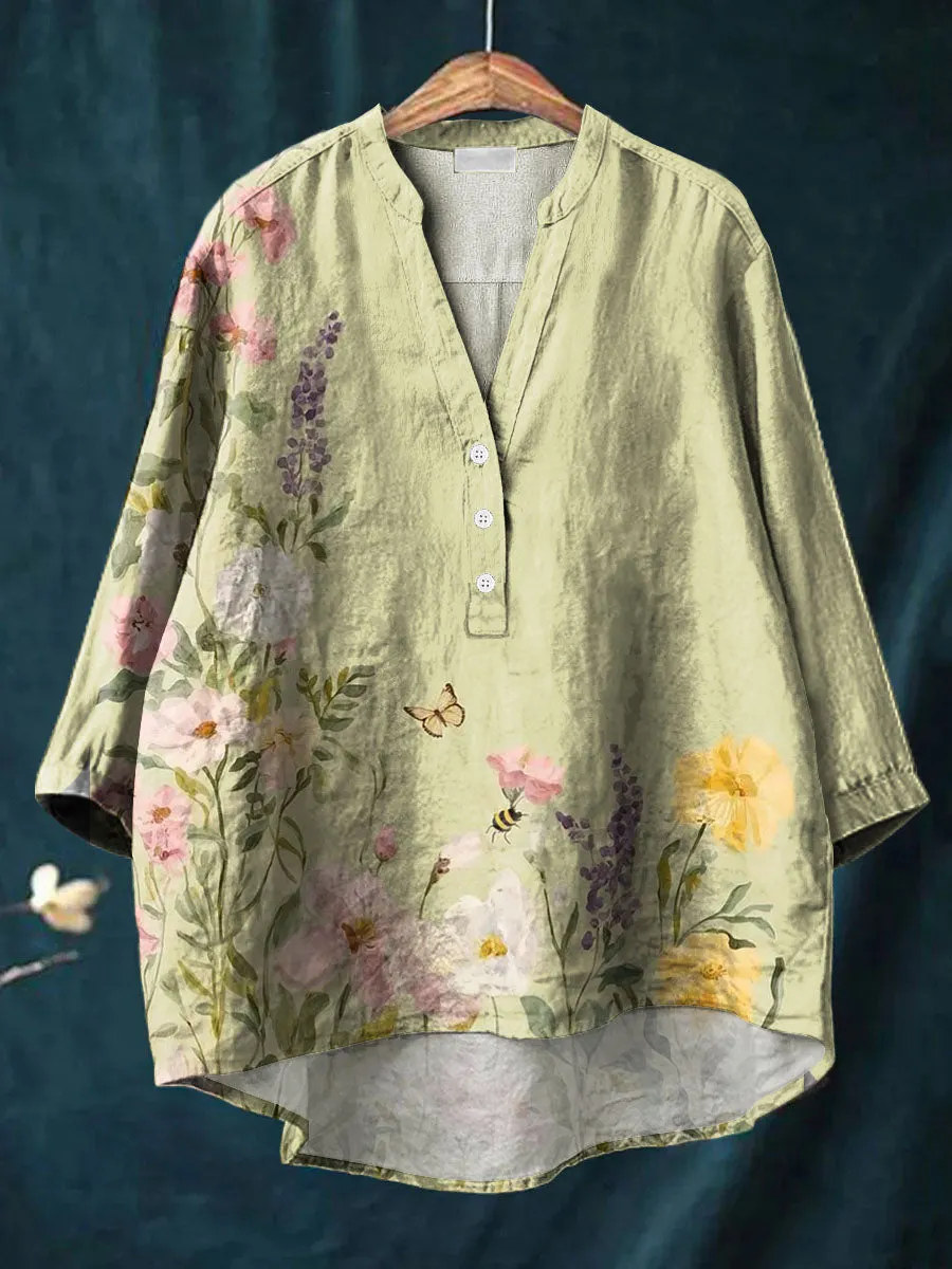 Art Vintage Oil Painting Flower Print Casual Cotton & Linen Ruffle Shirt