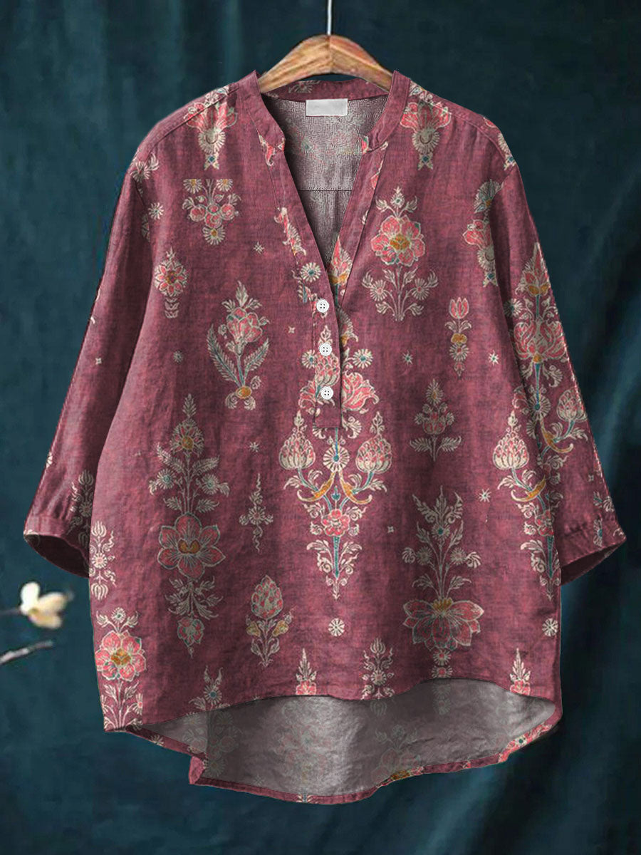 Vintage Flower Art Print Casual Cotton & Linen Shirt