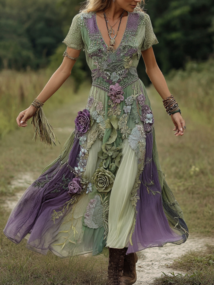 Classy Gradient Purple Lavender And Floral Embroidered Maxi Dress