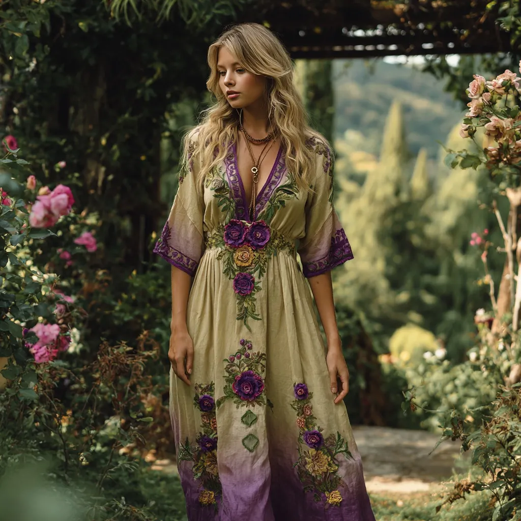 Vintage Gradient Purple Floral Embroidered V Neck Blend Maxi Dress
