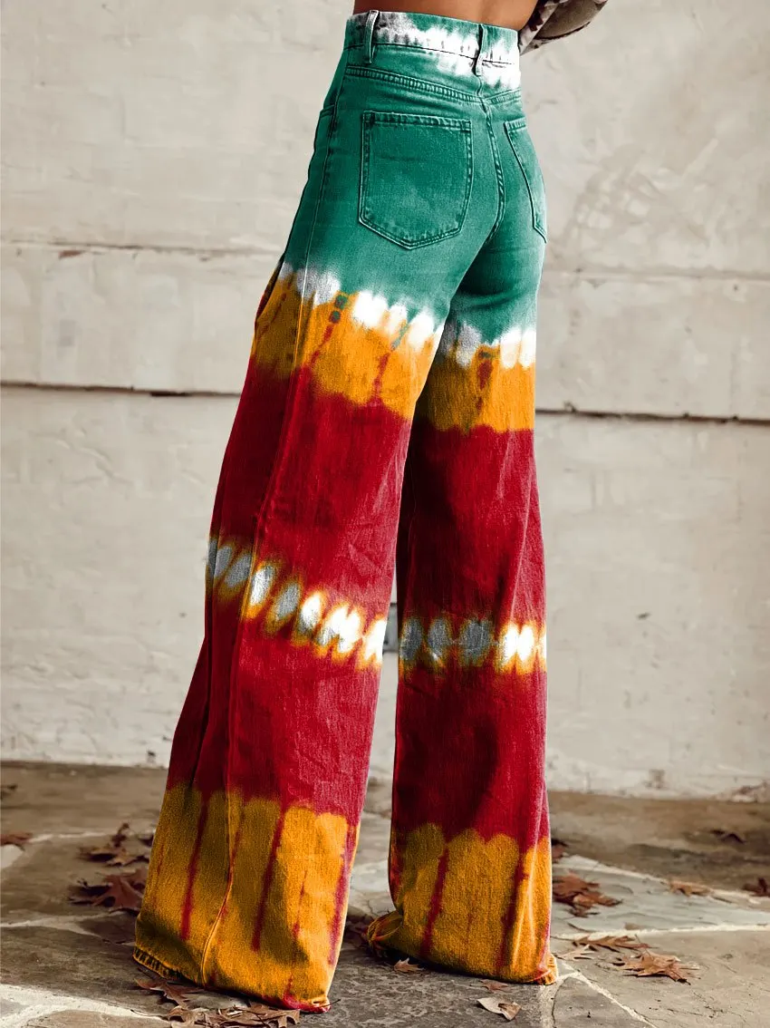 Vintage Print Casual Wide-Leg Pants