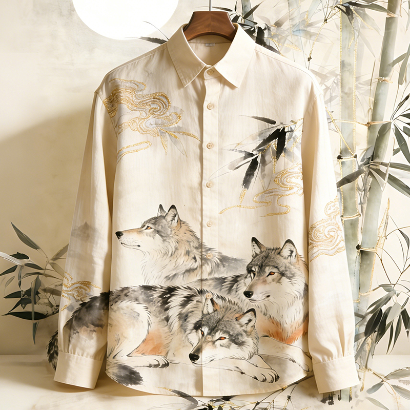 Men's Vintage Wolf With Bamboo Ink Art Painting Art Linen Shirt