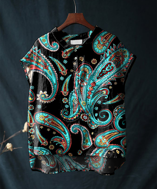 Vintage Paisley Print Short Sleeve Cotton & Linen Shirt