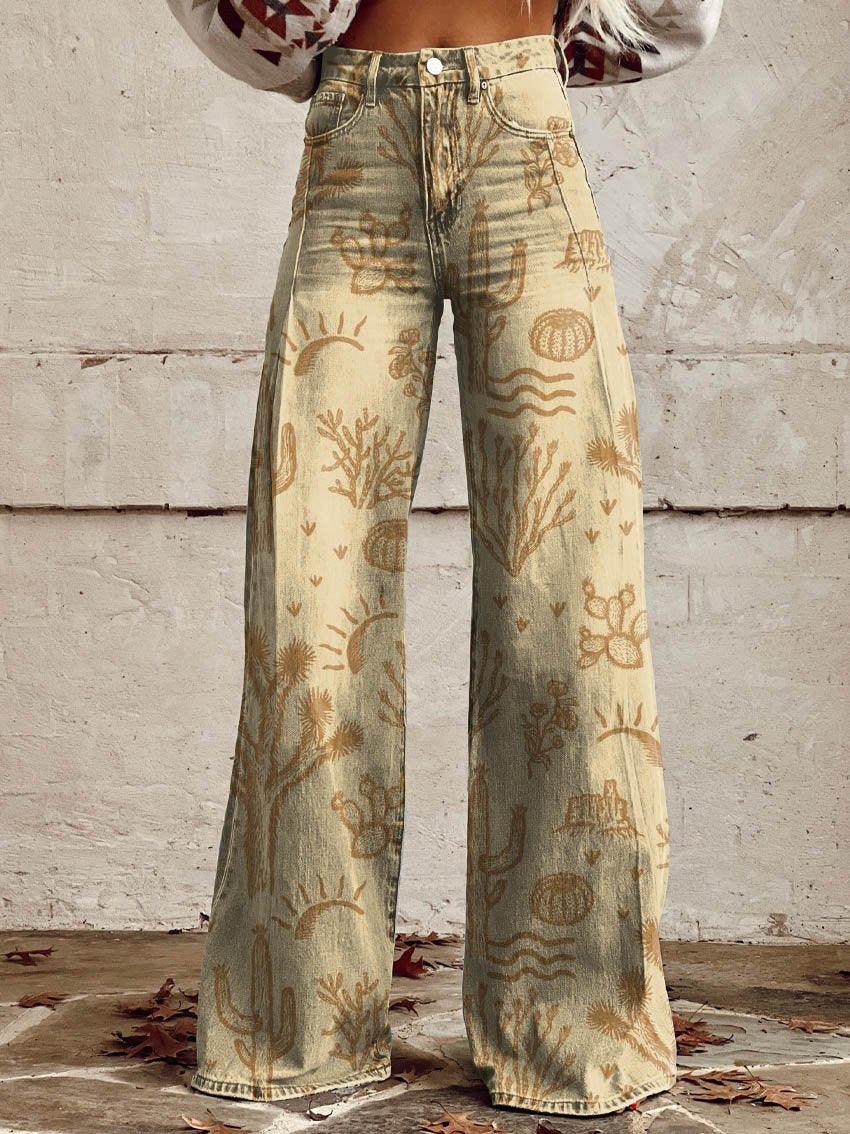 Yellow Western Print Casual Wide-Leg Pants
