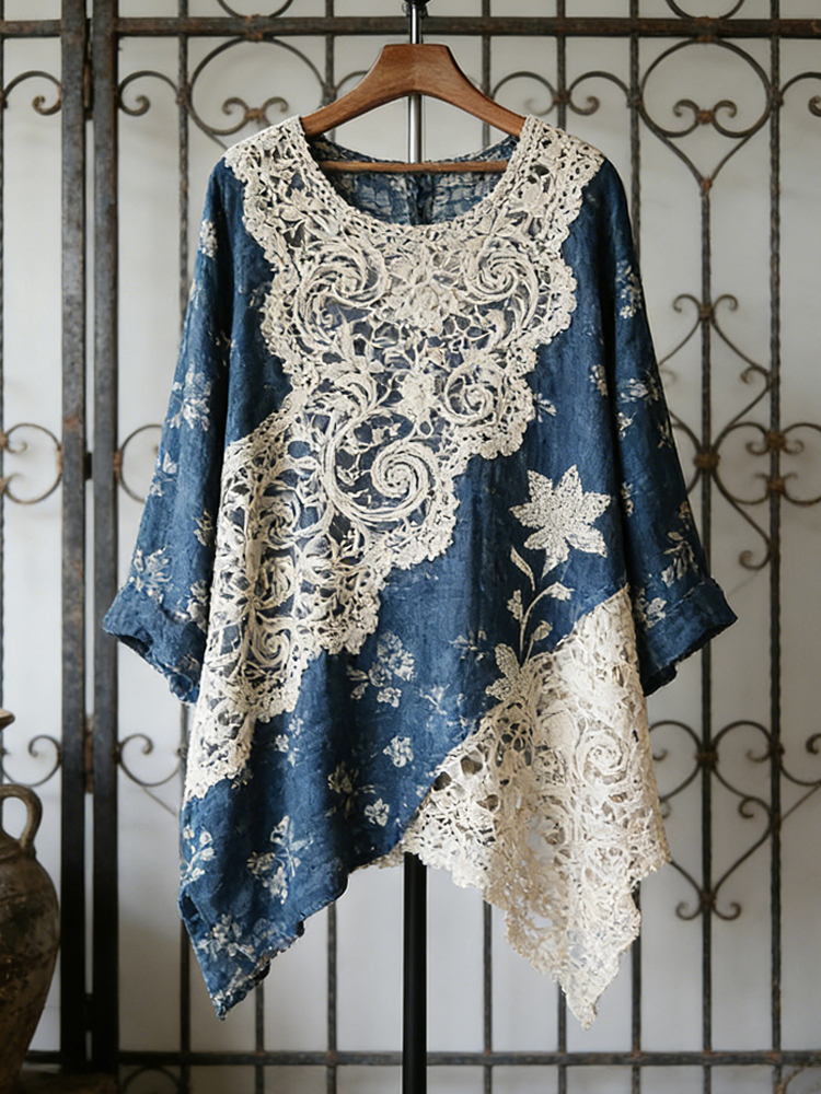 Boho Lace Patchwork Floral Linen Women's Irregular Long Sleeve Shirt