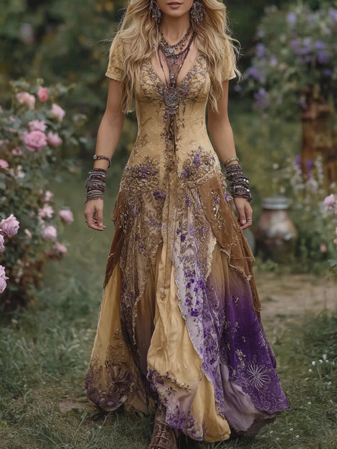 Vintage Gradient Purple Floral Embroidered Maxi Dress
