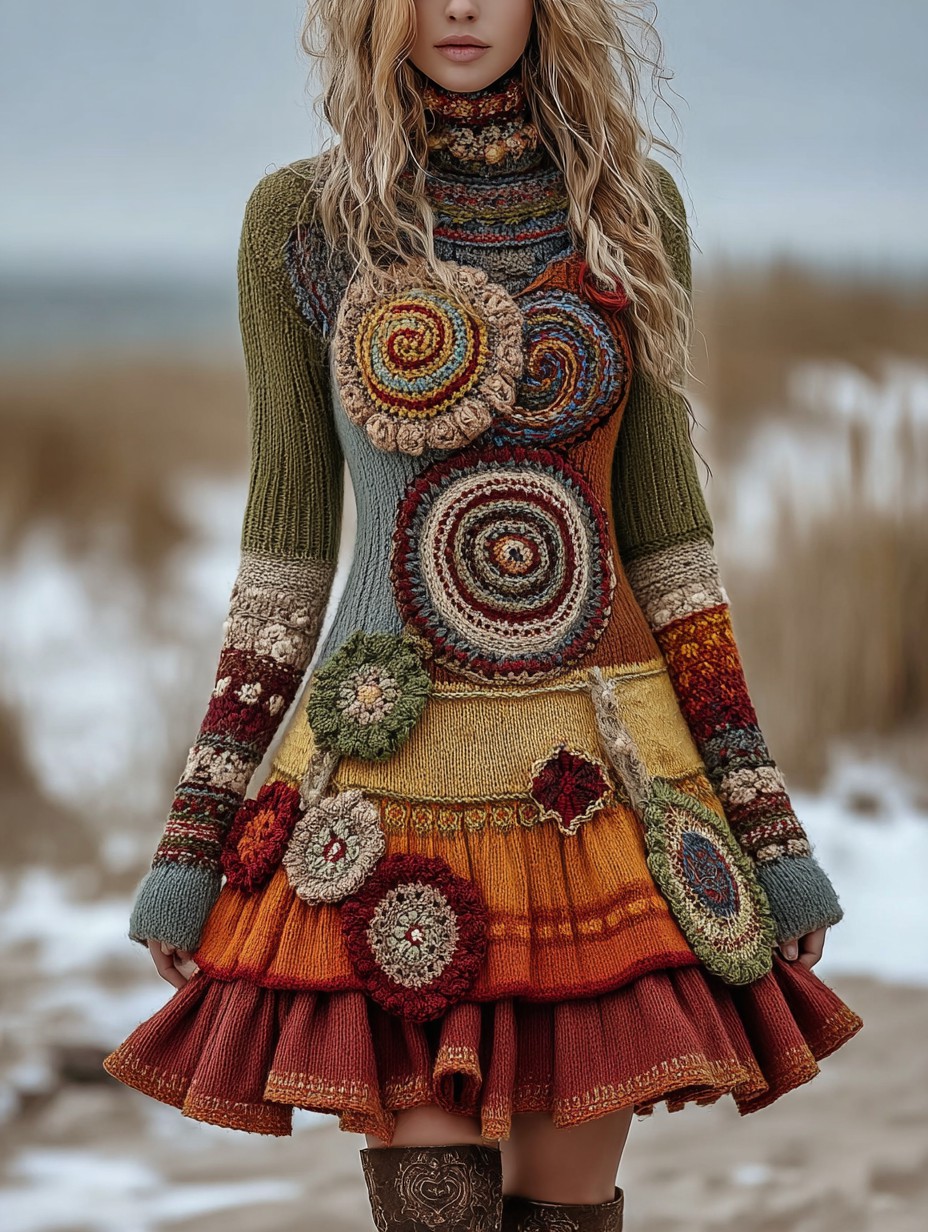 Vintage Floral Crochet Colorblock Cozy mini Sweater Dress
