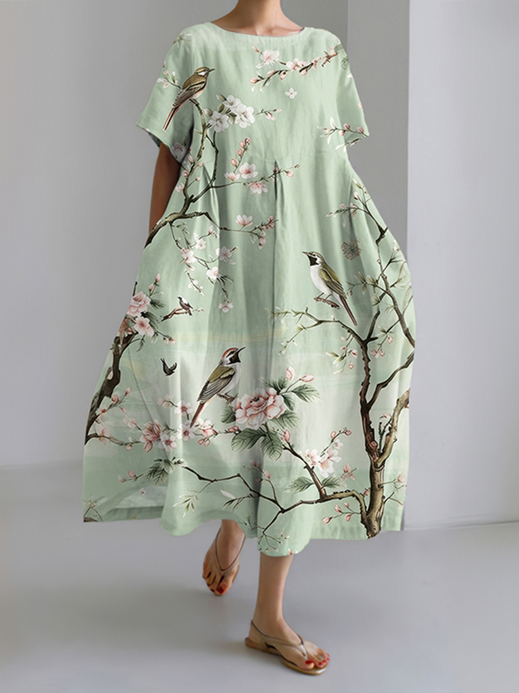 Casual Japanese Floral & Bird Art Print Dress
