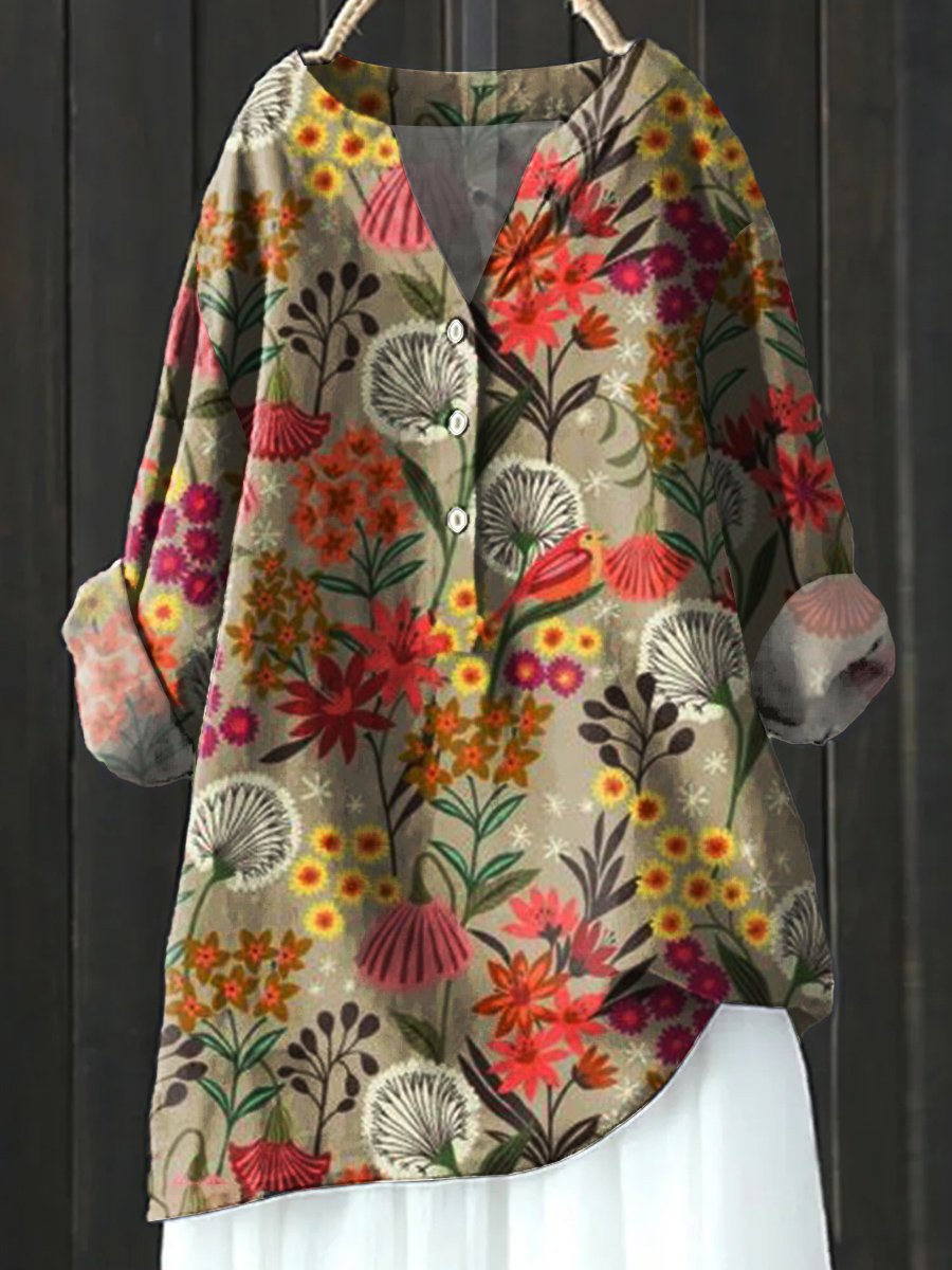 Floral Art Print Casual Cotton & Linen Shirt