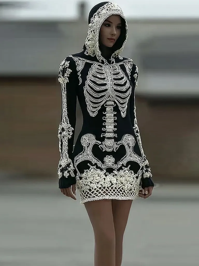 Women's Vintage Halloween Skeleton Bones With Rose Art Cozy Knit Hooded Sweater Dress