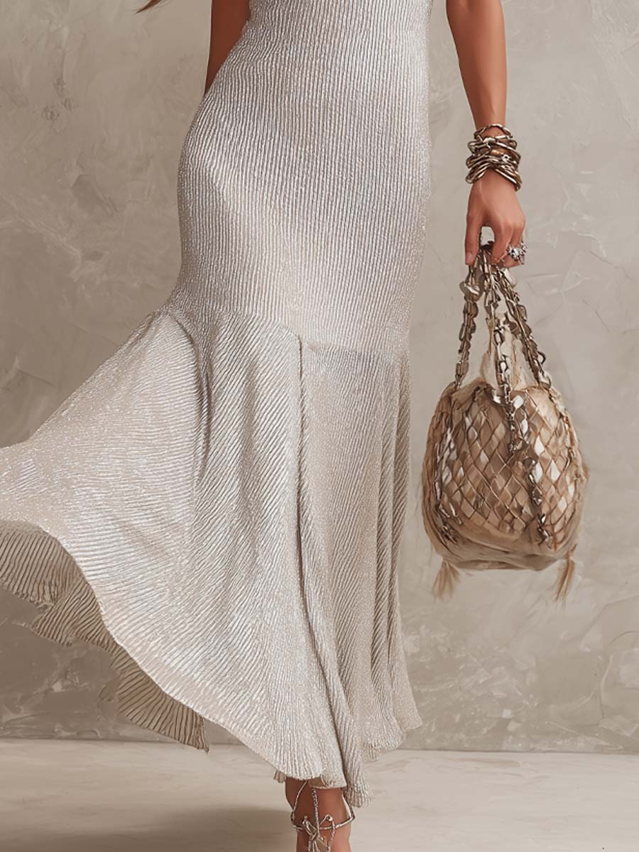 Retro-style Shimmering Metallic Knit Flare Maxi Dress