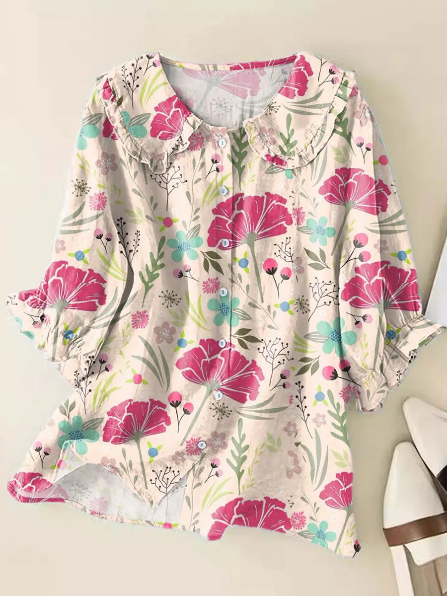 Fresh Floral Art Print Loose Top Peter Pan Collar Half Sleeve Blouses