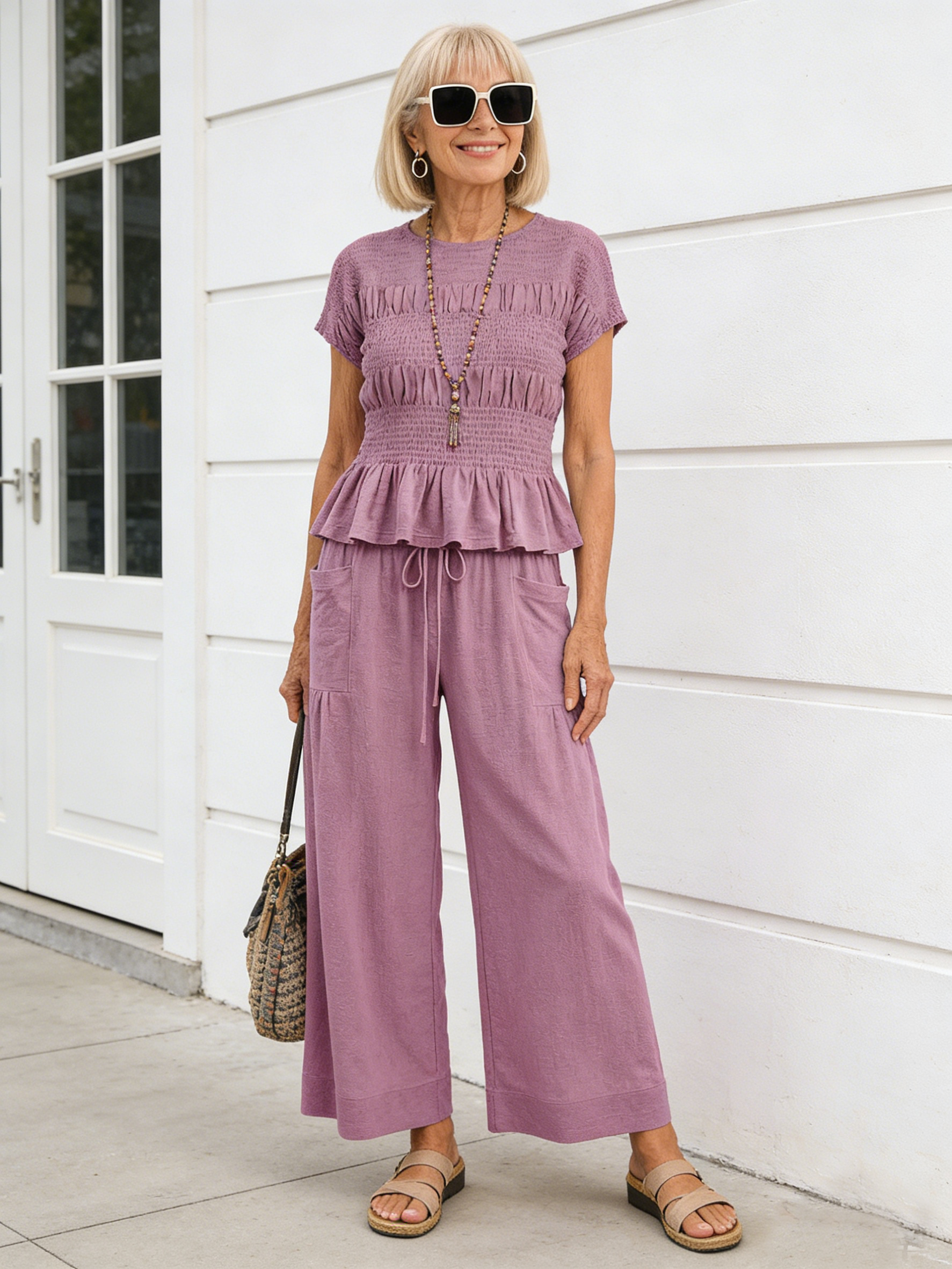 Green Ruffle-Hem Top & Wide-Leg Pants Set