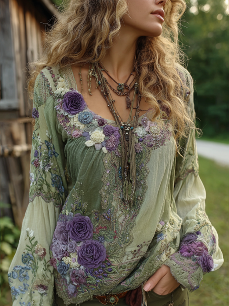 Vintage Purple Lavender And Floral Embroidered Long Sleeve Shirt