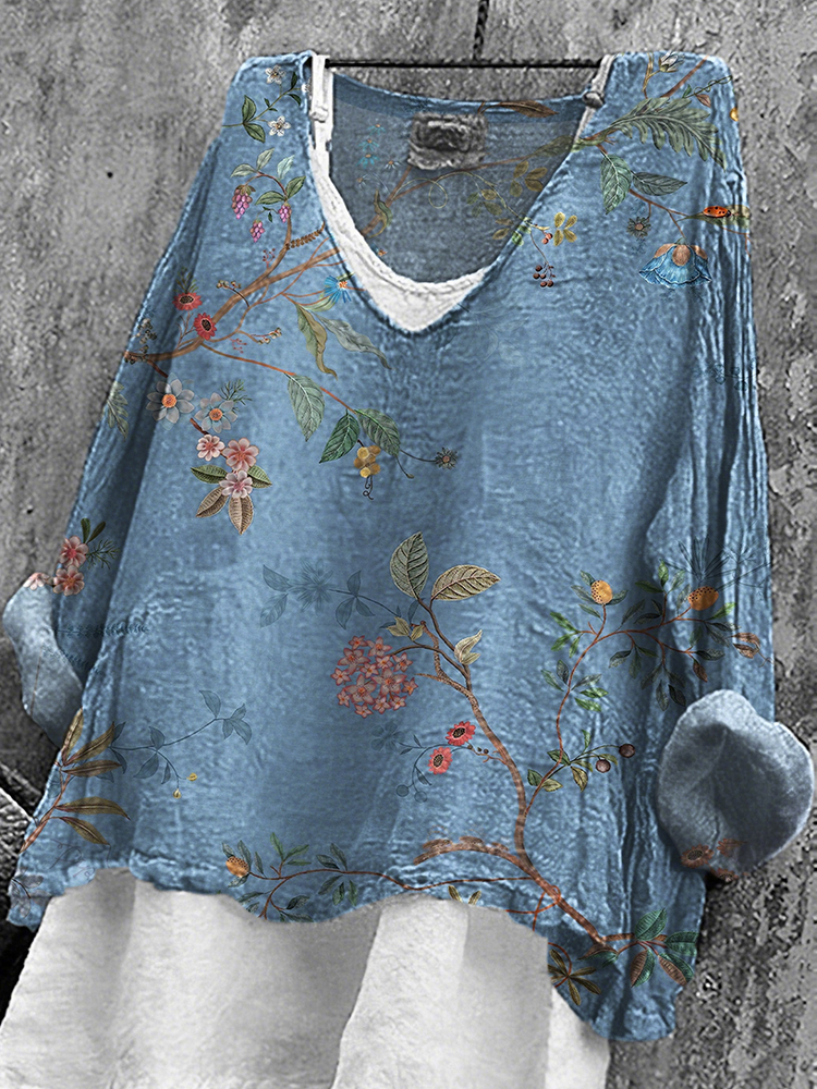 Vintage Floral Art Print V-neck Loose Linen T-shirt
