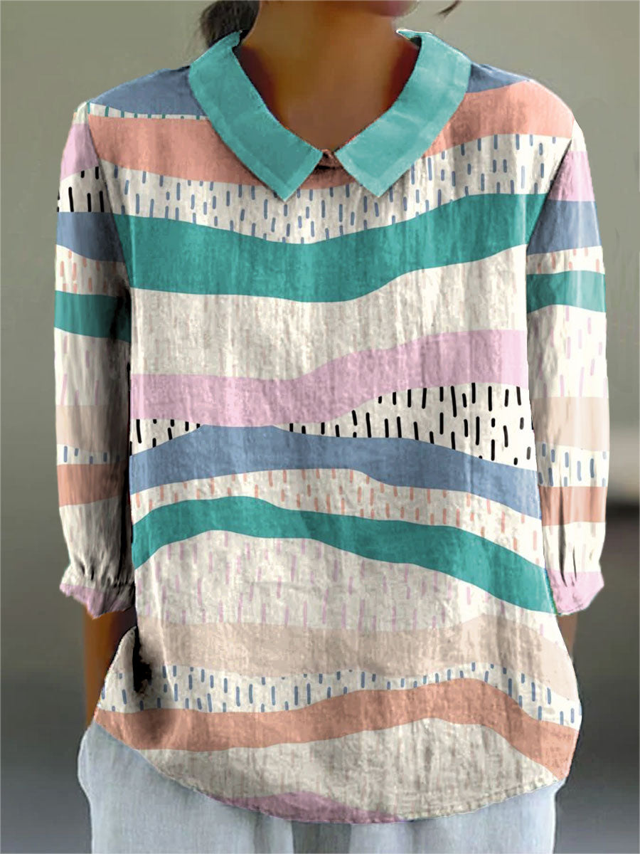 Color Block Striped Art Print Casual Cotton & Linen 3/4 Sleeve Shirt