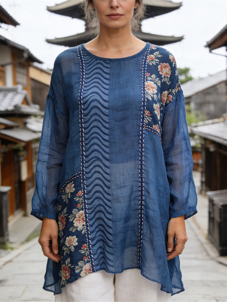 Japanese Sea Wave Line Stitch Floral Patchwork Pattern Women's Linen Long Sleeve Shirt