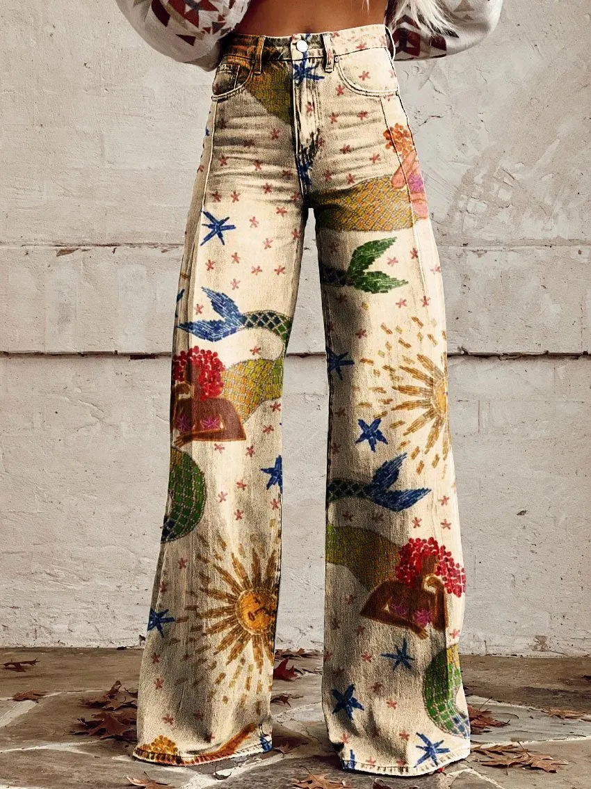 Vintage Mermaid Art Print Casual Wide-Leg Pants