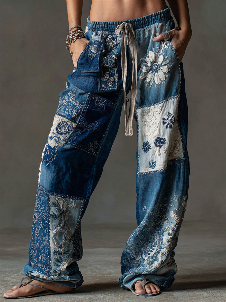 Vintage Floral Fiber Art Patchwork Flowy Casual Pants