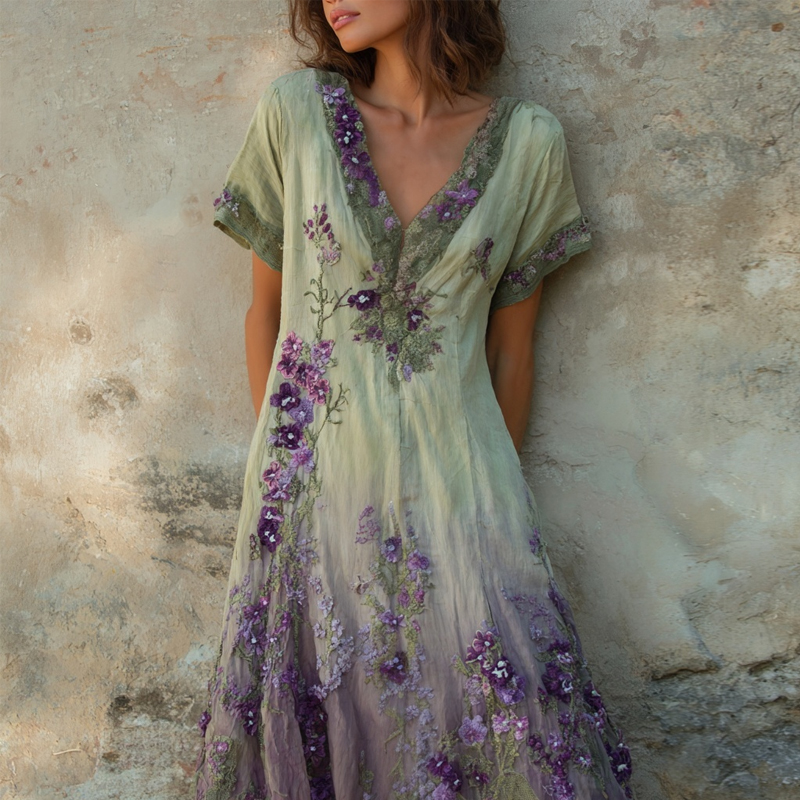 Purple Floral Embroidered Gradient Vintage Linen Maxi Dress